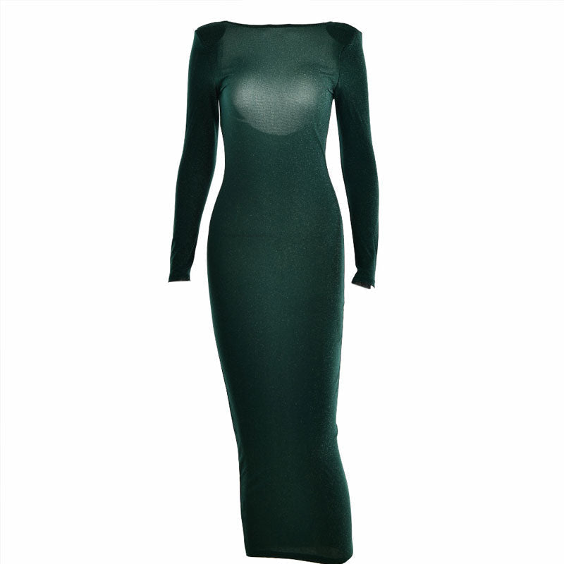 Emerald Green Shoulder Pad Long Sleeve Open Back Bodycon Midi Dress