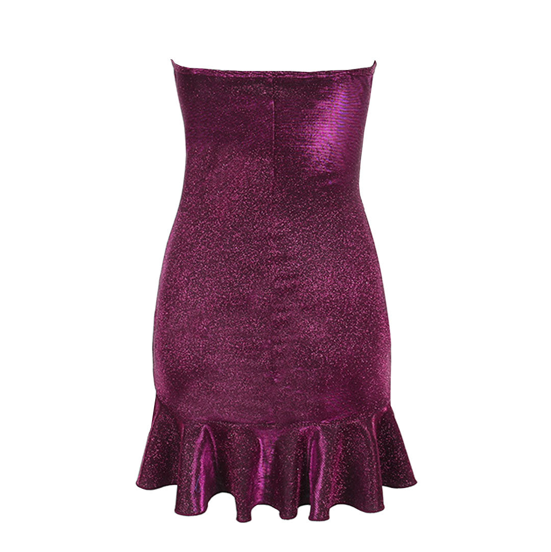 Purple Strapless Ruched Ruffle Trim Bodycon Mini Dress