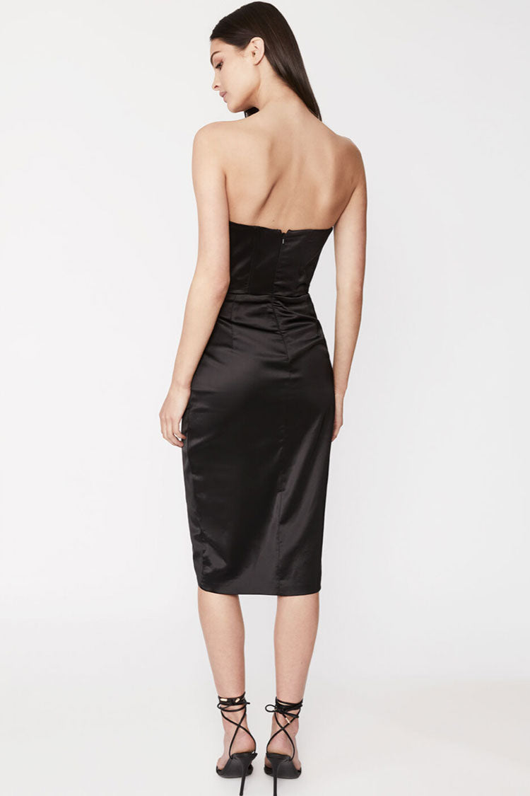 Strapless Satin Corset Ruched Draped Side Slit Midi Dress