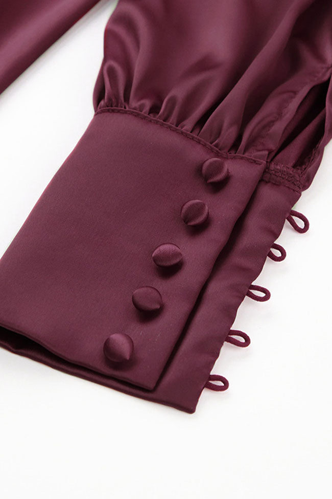 Satin Deep V Bishop Sleeve Cuff Button Front A Line Midi Dress