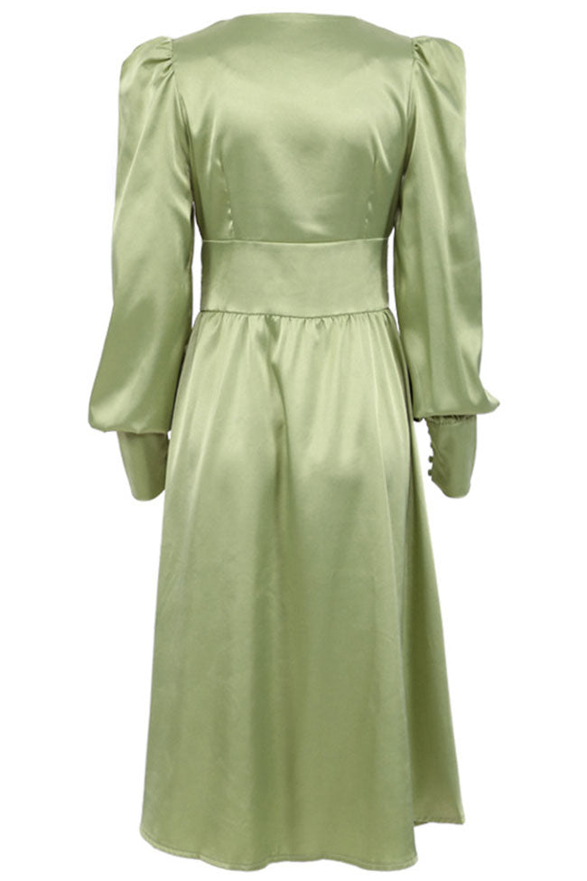 Satin V Neck Puff Bishop Sleeve Button Front Midi Dress