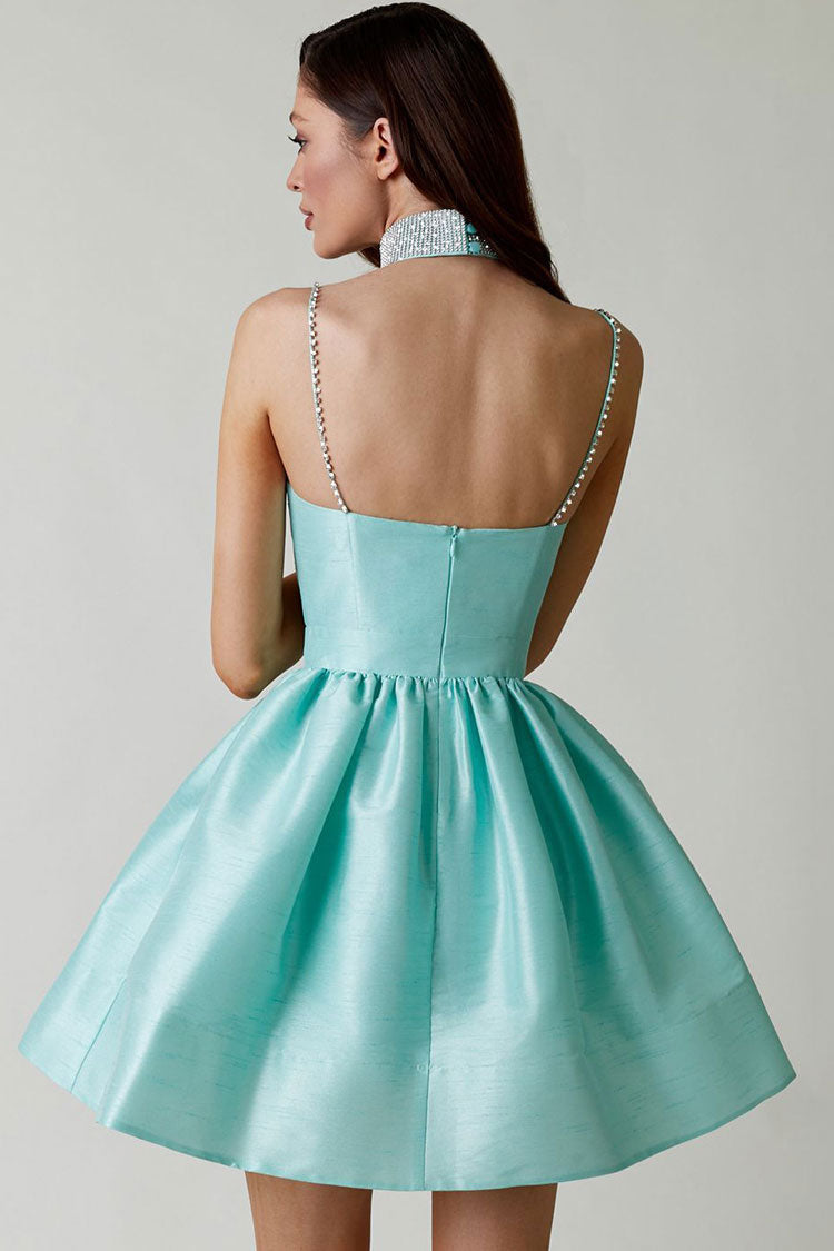 Sweetheart Pleated Bodice Rhinestone Spaghetti Strap Skater Mini Dress