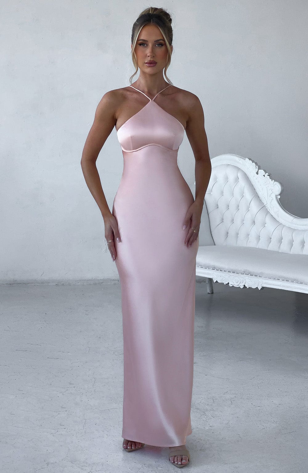 Spaghetti Strap Lace Up Open Back Satin Column Maxi Gown