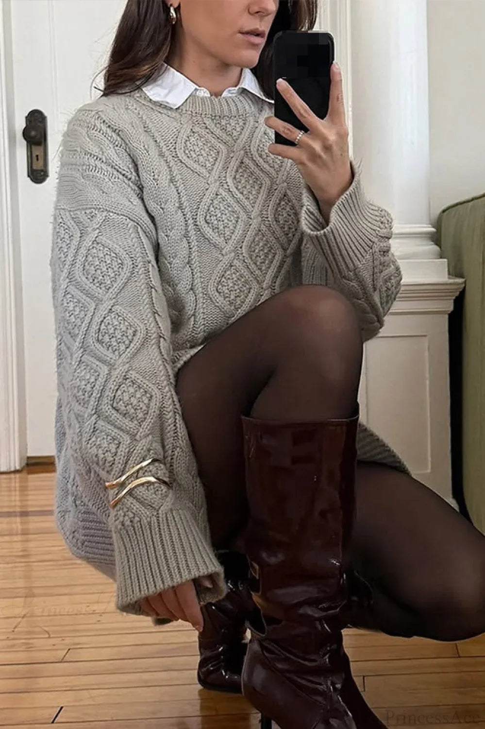 Solid 3D Chunky Cable Argyle Crewneck Loose Sweater