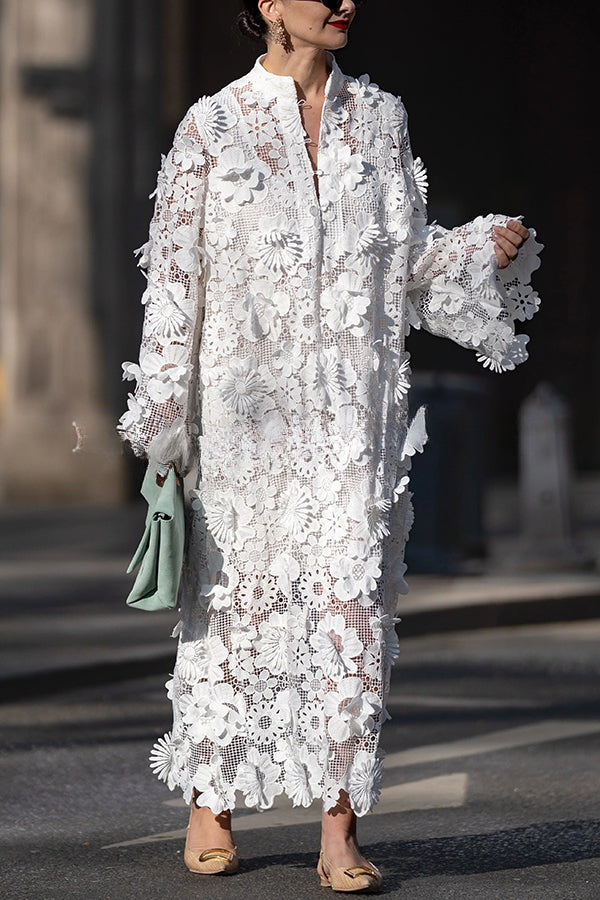 Solid Color Hollow Embroidery Loose Long Sleeve Midi Dress