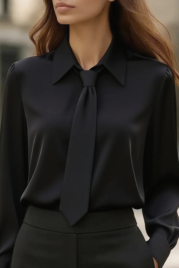 Solid Color Satin Tie Long Sleeve Casual Shirt
