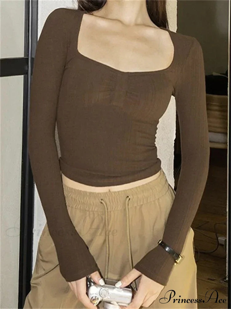 Solid Color Square Neck Ruched Crop Tops T-Shirts