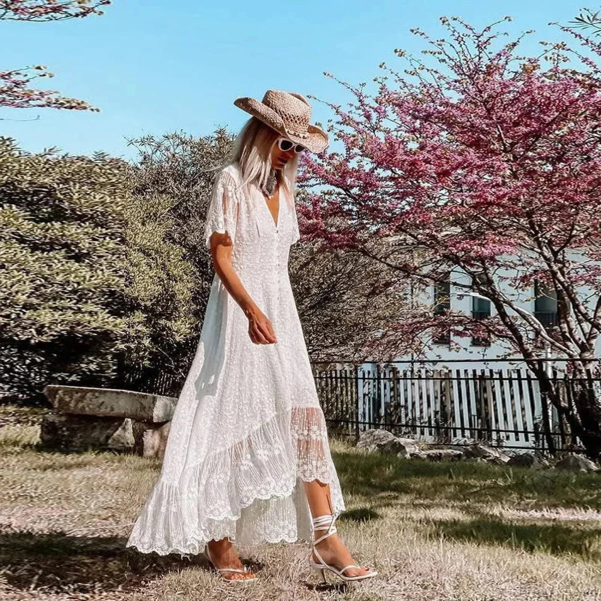 Solid Floral Short Sleeve Boho Dress