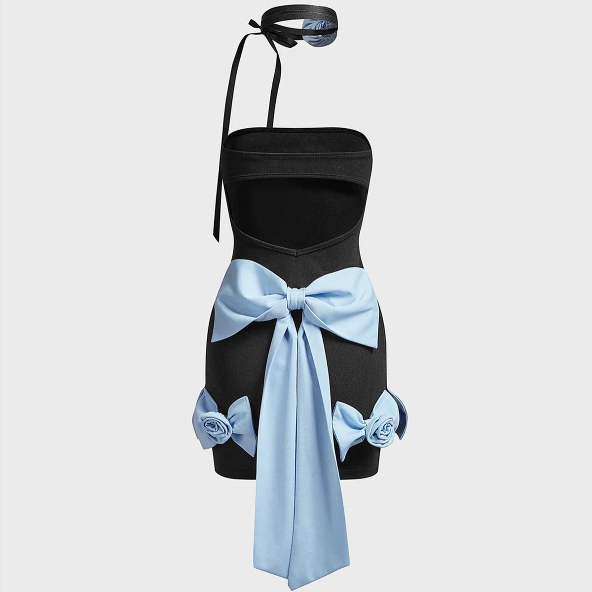 Strapless Bow Hem 3D Applique Choker Tie Mini Dress