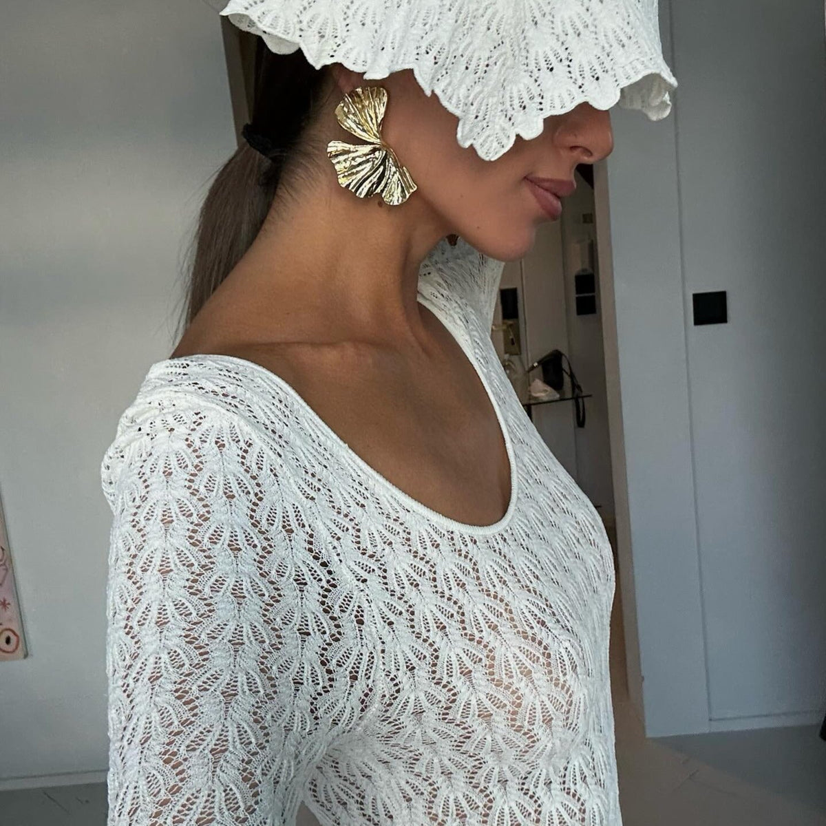 Square Neck Crochet Panel Flare Sleeve Maxi Dress