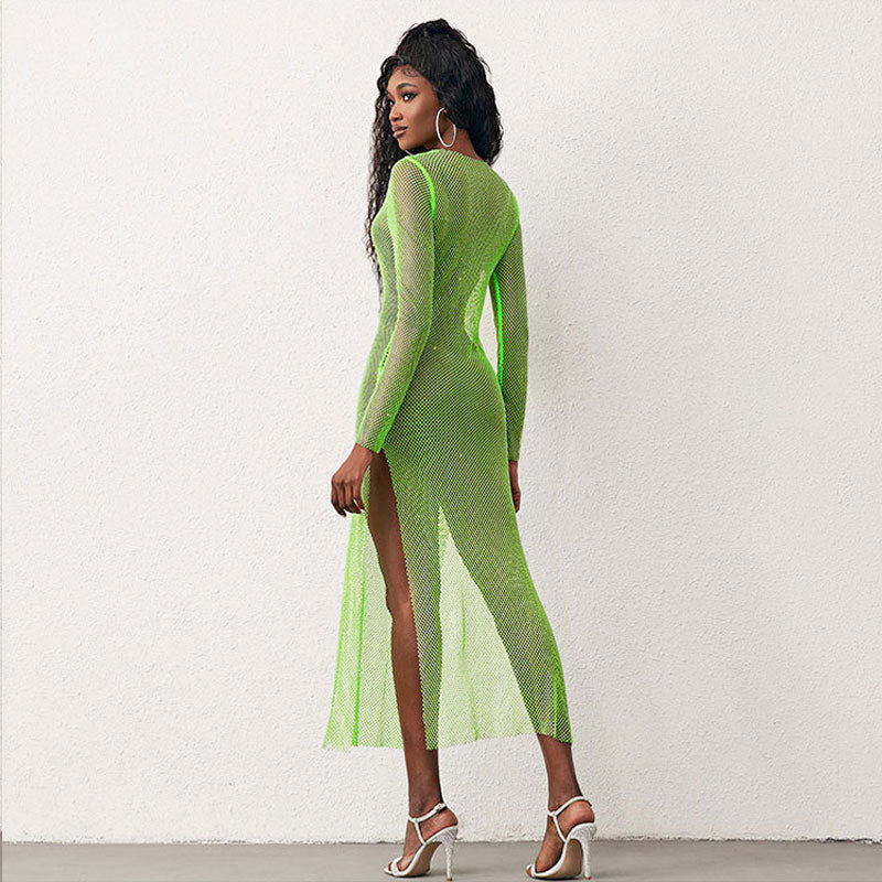 Neon Green Fishnet Crystal Embellished Long Sleeve Maxi Dress