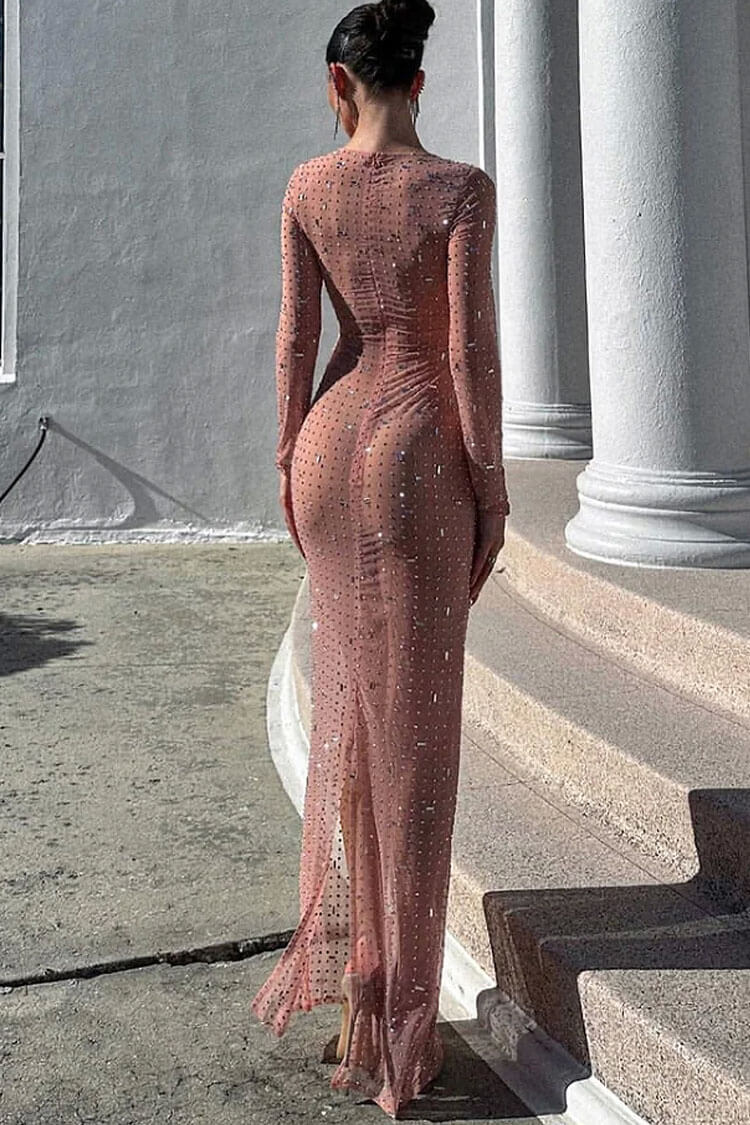 Rhinestone Embellished Sheer Mesh Long Sleeve Bodycon Maxi Dress