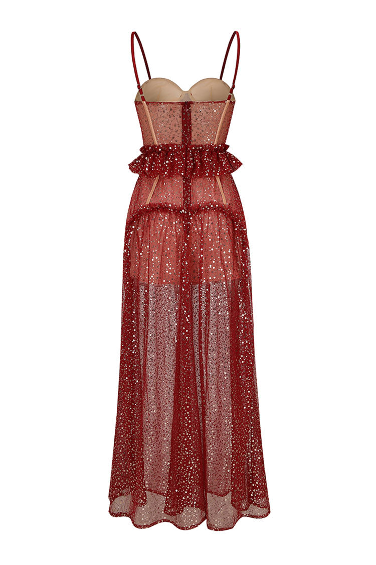 Rhinestone Sweetheart Corset Tulle Sequin Maxi Dress