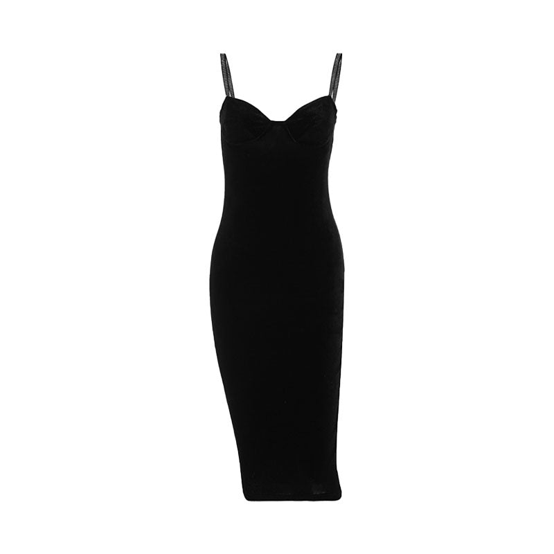 Black Sweetheart Neck Rhinestone Cocktail Midi Dress