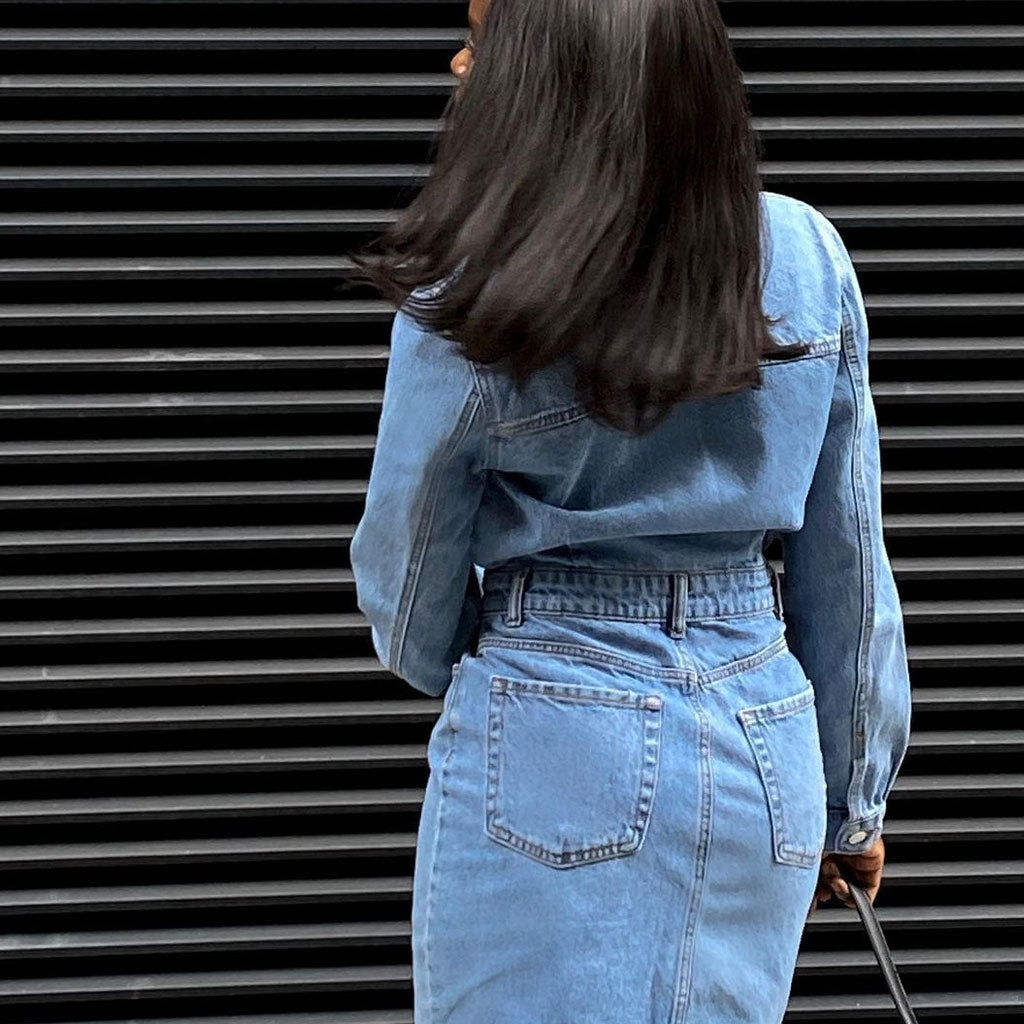Point Collar Button Front Chest Pocket Denim Mini Dress