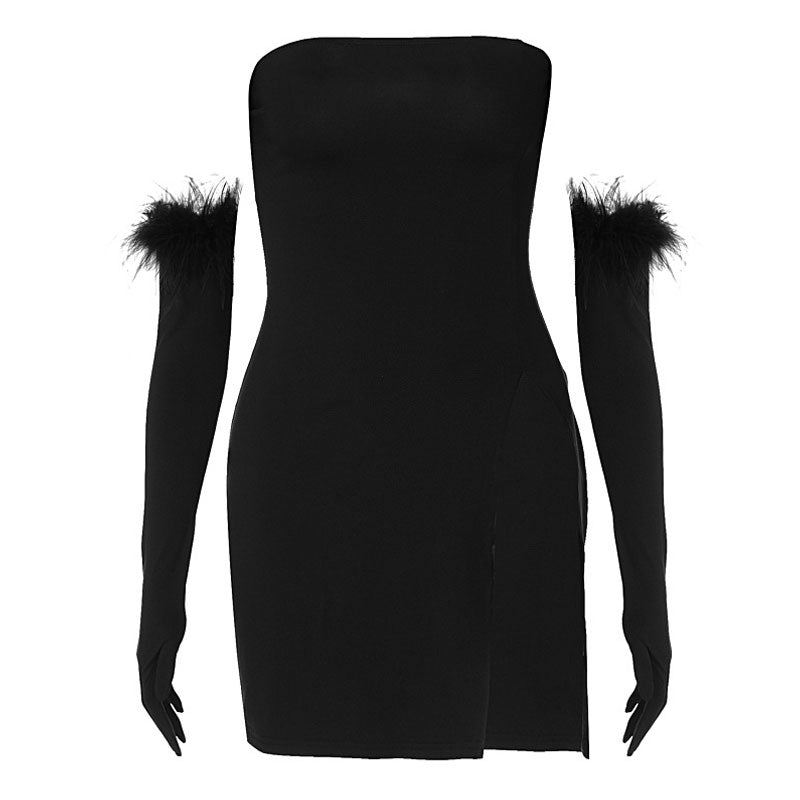 Strapless High Slit Feather Trim Opera Glove Set