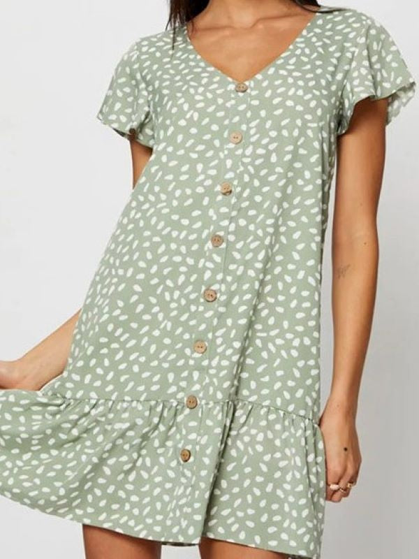 V-neck Single Breasted Printed Dress