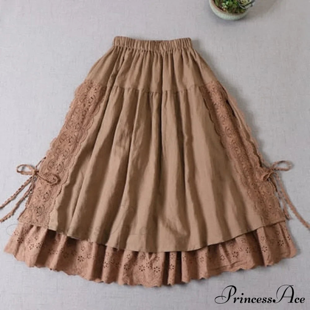 Sweet Japan Style Mori Lace Stitched Linen Skirt