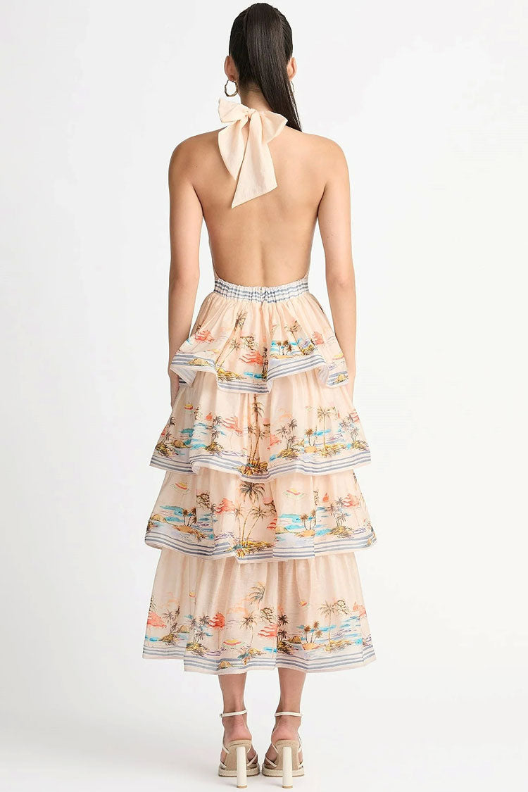 Halter V-Neck Printed Ruffle Tiered Midi Dress