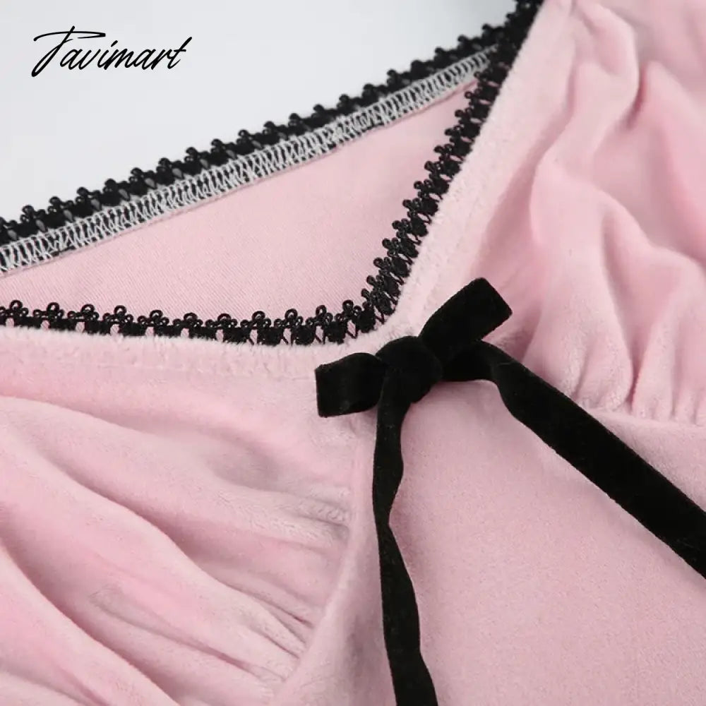 American Sexy V-neck Bow T-shirts Y2k E-Girl Crop Top Slim Fit Lace Pink Tee Shirt 2024 Summer New Short Sleeve Tops Women