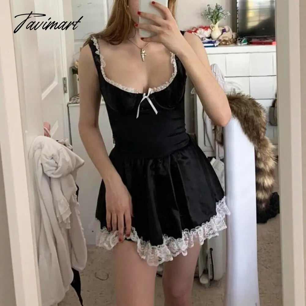 American Vintage Lace Y2k Dress Square Collar Suspender Skirts Female Sexy Bowknot A-line Short Skirt Fashion Vestidos