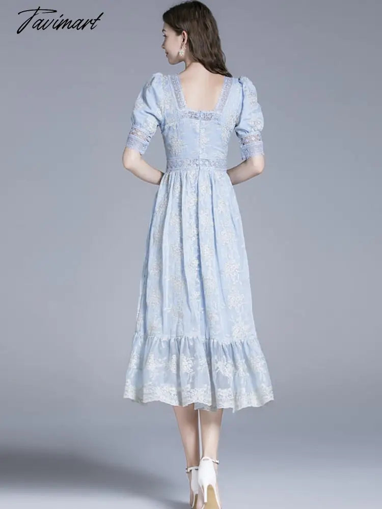 Blue Elegant Summer Dress For Women Square Collar Short Sleeve Lace Hollow Out Patchwork Embroidery Flowers Dresses
