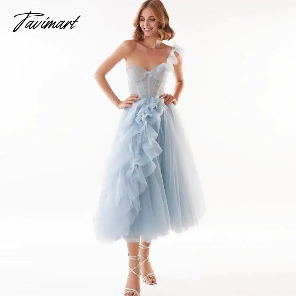 Blue Ruffles Tulle Midi Prom Dresses Sweetheart One Shoulder Tea-Length Wedding Party Gowns Short A-Line Formal Gowns