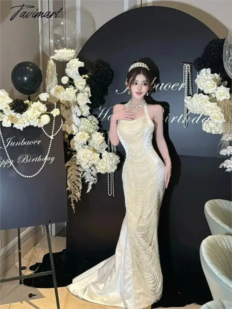 Bridal Gown Toast Dress Annual Meeting Engagement Heavy Industry Fishtail Halter for Women