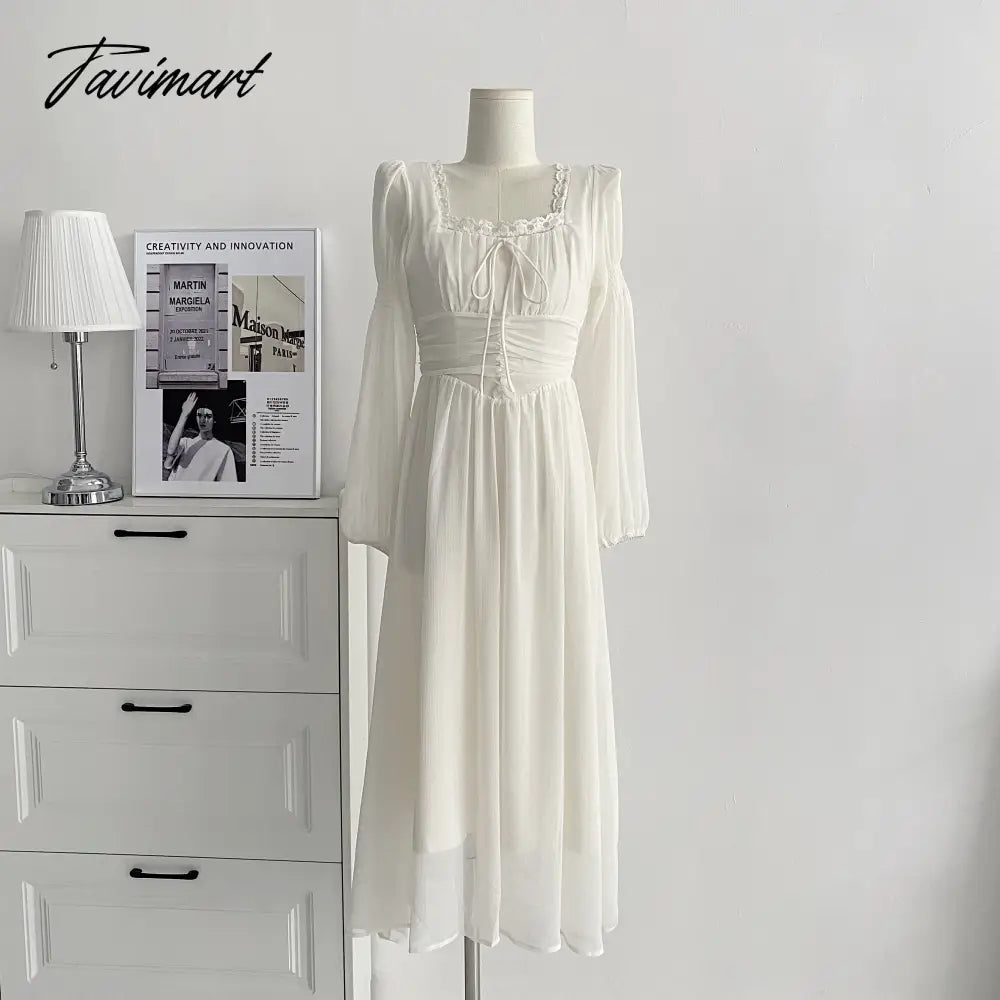 Elegant Women Chiffon Casual Slim Square Collar Dress Korean Female Full Sleeve Waisted Maxi Dresses Vestidos Summer DS100