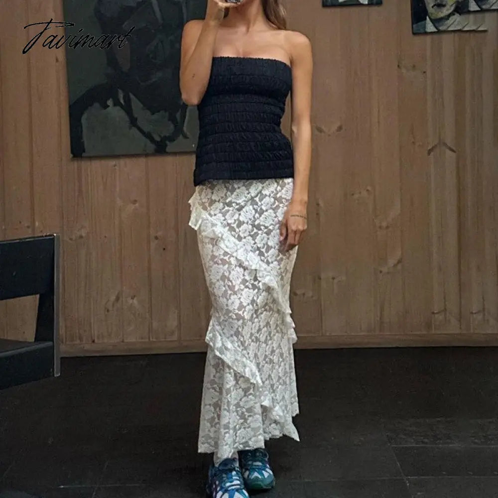Elegant Women's White Skirts Streetwear Casual Summer Hollow Out Ruffles Long Party Skirt Ladies Evening Party Black Dress