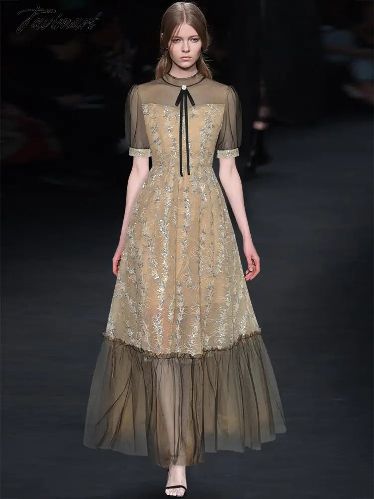 High Quality Fashion Women'S New Summer Runway Round Neck Bow Sexy Mesh Embroidered Sequin Vintage Slim Chic Elegant Long Dress