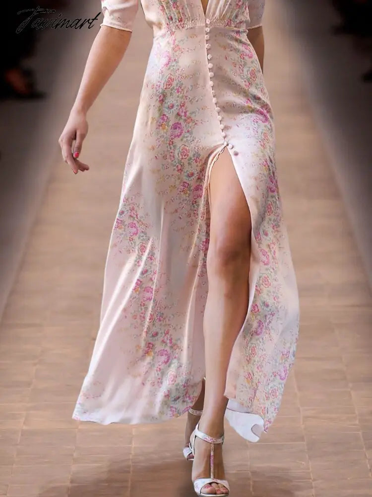 High Quality Runway Designer Dress Women Elegant V-neck Pink Floral Printed Maxi Dress Summer Robe Longue