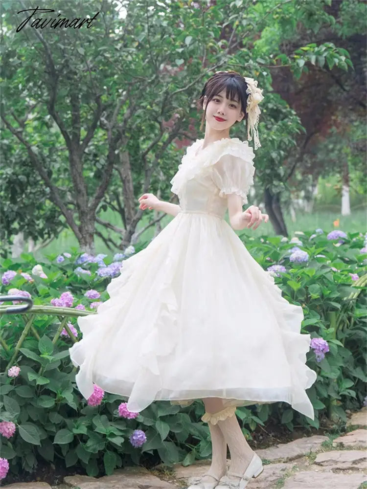 Japanese Romantic Style Cosplay Lolita Girl Op Sweet Solid Ruffle Peter Pan Collar Puff Sleeve Ribbon Bowknot Elegant Dress