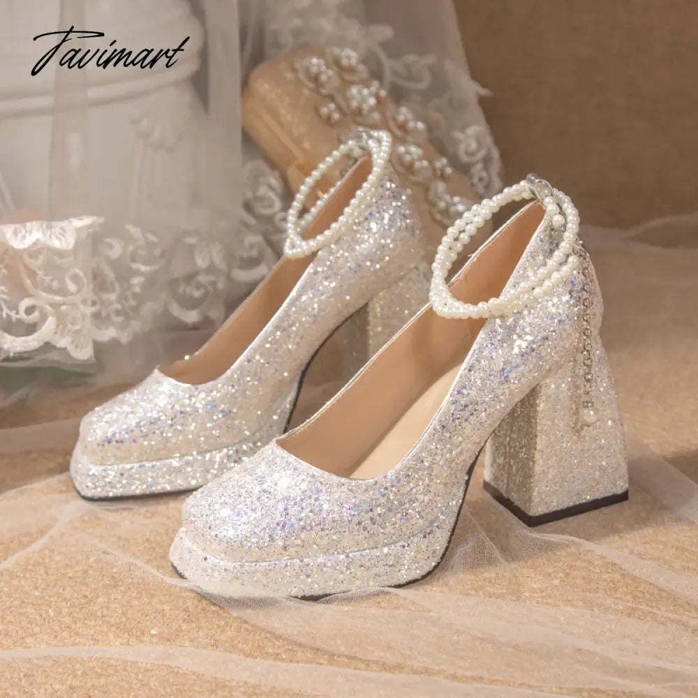 Luxury Gold Glitter High Heels Pumps for Women Spring Pearl Ankle Strap Wedding Shoes Woman Chunky Platform Mary Jane Shoes