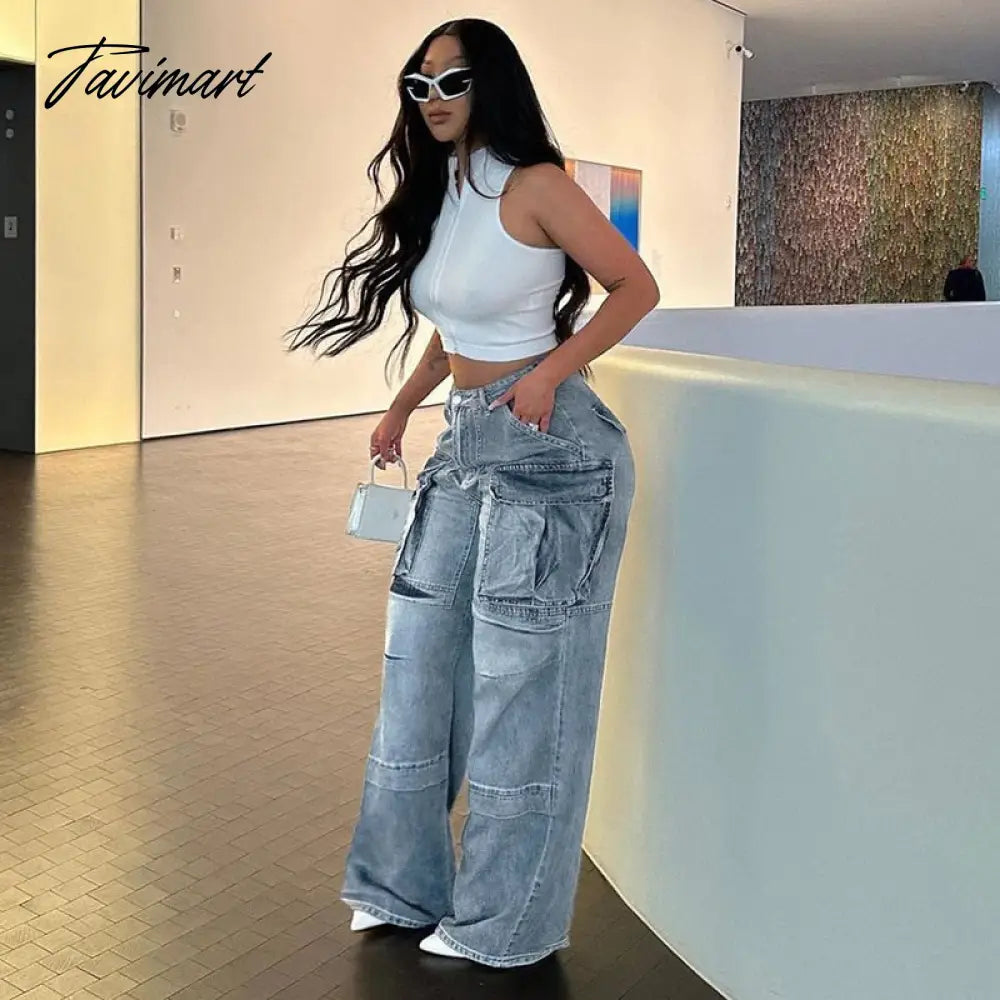 Multi Pockets Jeans Cargo Pants Women Y2K Streetwear Button Fly High Waist Loose Casual Denim Trousers All Matching Bottoms