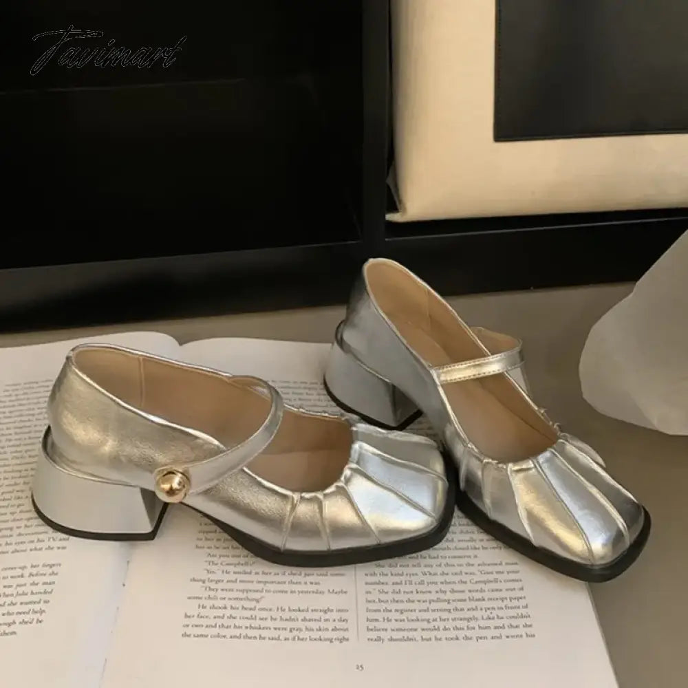 New Women's Mary Janes Shoes Pleated Leather Shoes for Female Square Heel Dress Shoes Square Toe Ruffle Pumps Silver Black 1581N