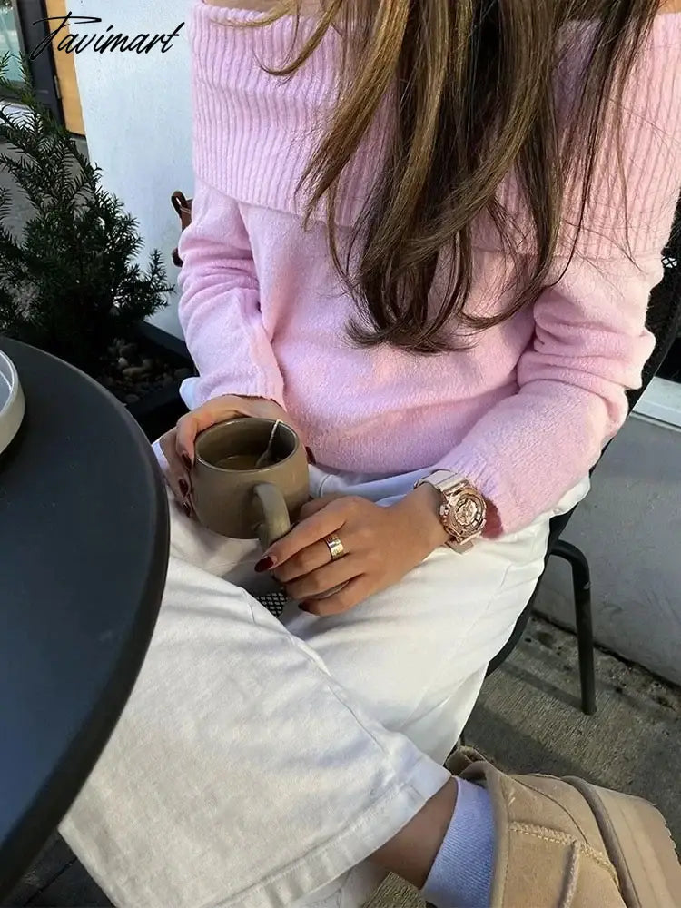 Pink Slash Neck Knit Pullover For Women Sexy Chic Off Shoulder Long Sleeve Elegant Jumper 2024 Spring Fall Casual Slim Knitwear