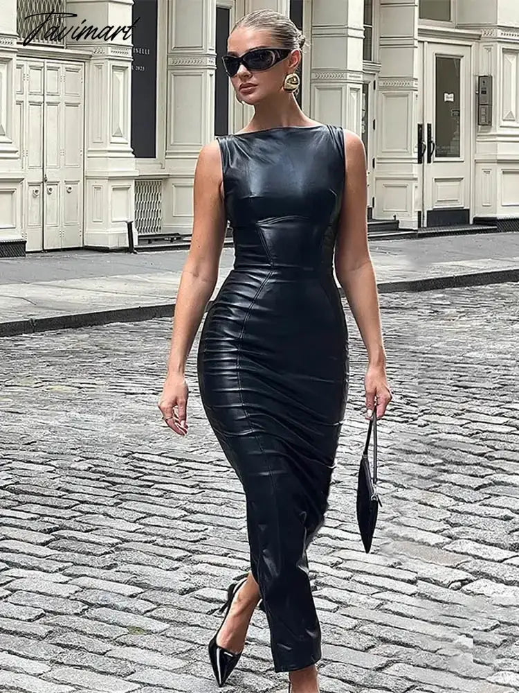 Retro Fake Leather Black Maxi Dress For Women Elegant Pleated Off Shoulder Bodycon Dress 2024 Lady Vintage High Street Vestidos