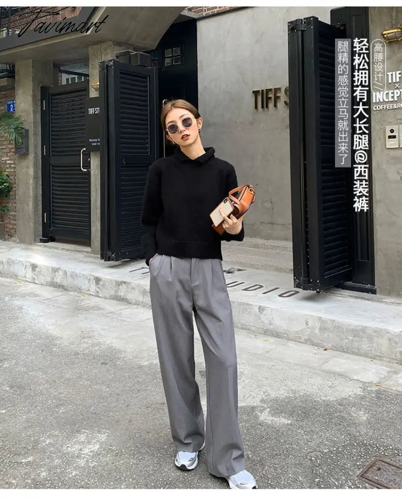 Retro Straight Wide Leg Brown Pants Vintage Female Korean High Waist Casual Long Navy Blue Pants White Beige Trousers