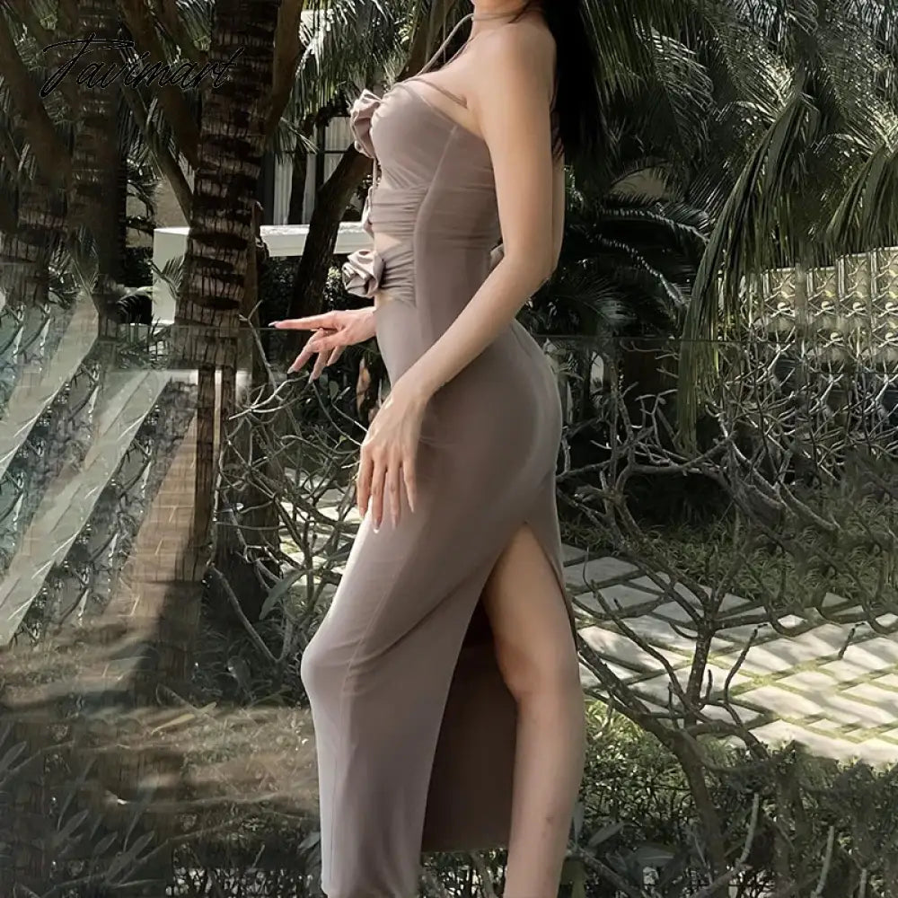 Shoulder Floral Bodycon Maxi Dress Elegant Backless Hollow Out Splicing Dresses Sexy Halter Gown Evening Vestidos
