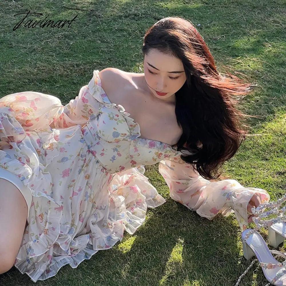 Spring New French Long Sleeve Floral Small Spice Girl Party Dresses for Women Sweet Boho Beach Holiday Dress Robes Vestidos