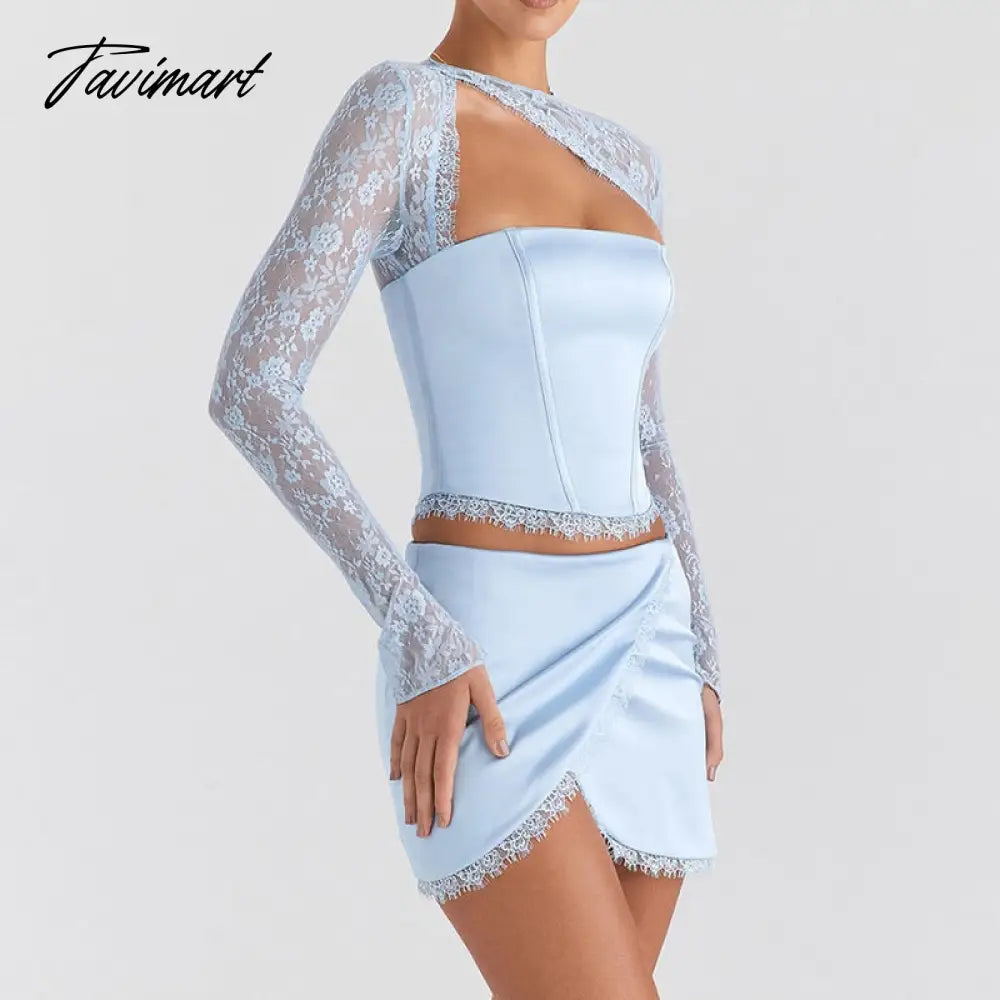 Spring Summer New Fashion Sexy Solid Color Temperament Lace Stitching Long Sleeve Bag Hip Skirt Suit Mini Dresses For Women