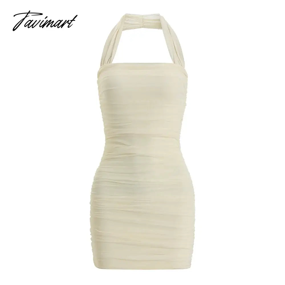 Summer Beige Backless Mesh Pleated Halter Zipper Mini Dress Women Elegant Lady Beach Holiday Club Party Wrapped Hip Dresses Chic