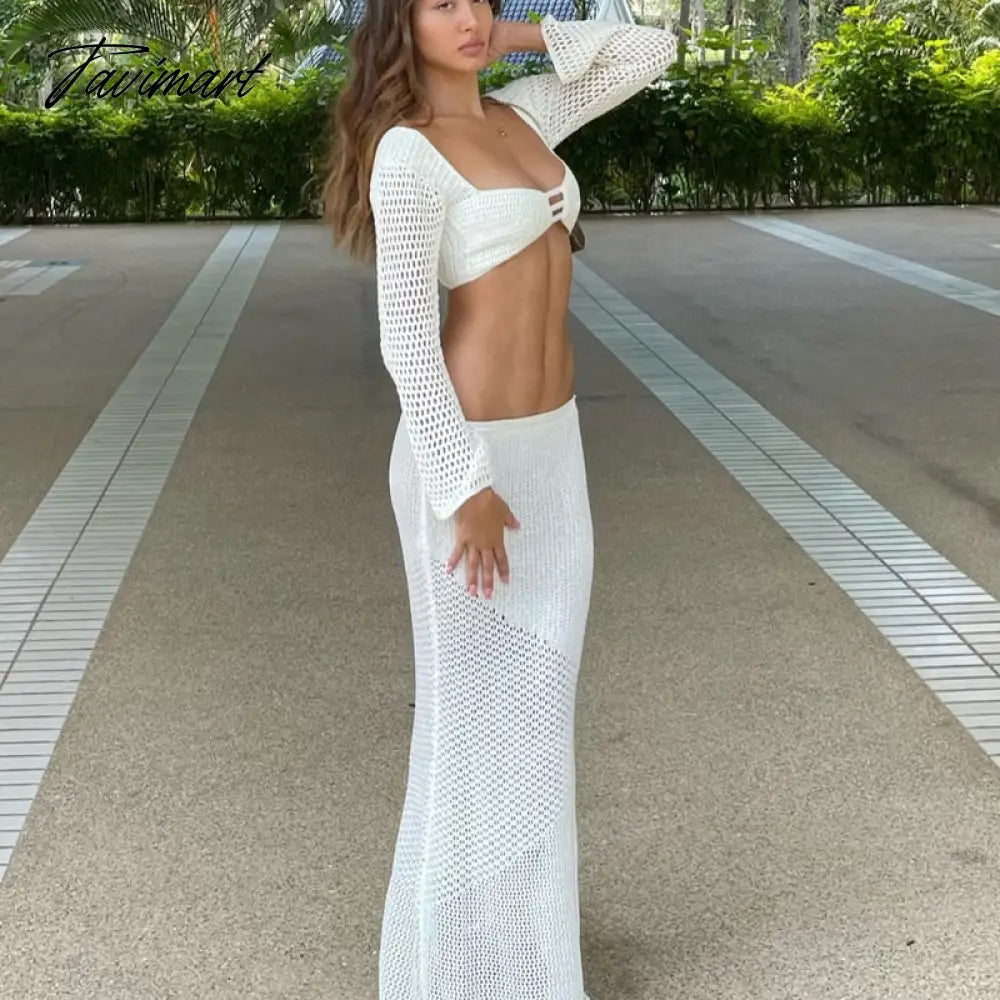 Vintage 2 Piece Set Knitted Backless Tie Up Crop Tops Low Cut Crochet Hollow Out T-shirt + Long Skirt Women Holiday
