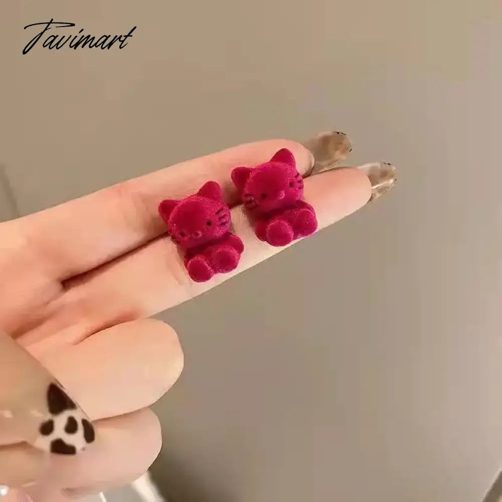Winter Cute Flocking Bear Stud Earrings For Women Vintage Cartoon Kawaii Plush Rabbit Cat Animal Earring Kid Trend Jewelry