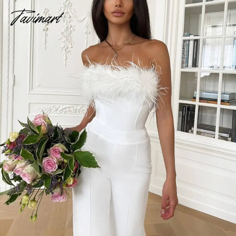 Women Jumpsuits Tube Top Feathers Patchwork Boot Cut One Piece Outfit Trousers Elegant Formal Occasion Party Club Jumpsuit