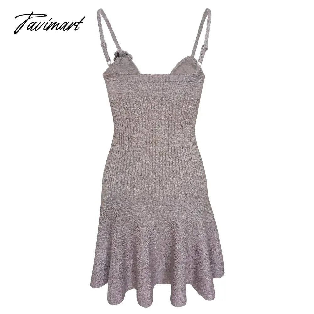 Women's Summer Beach Casual Vacation Solid Color Sling Knit Flower Sexy V-Neck Backless Pleated Party Mini Dress