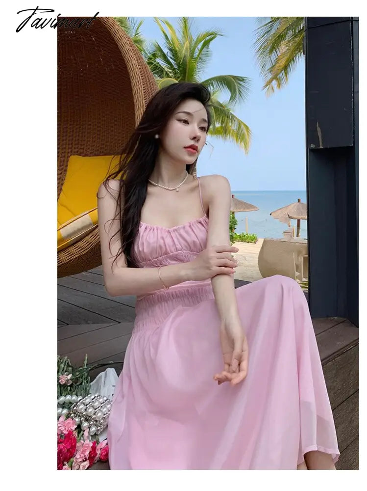 Women Summer Pink Sweet High Waist Holiday Dress Female Slim Koream Fashion A-line Beach strap Dress
