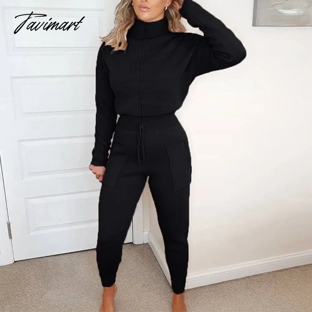 Women Sweater Suit Track Costume 2 Pieces Sets Casual Autumn Winter Turtleneck Pullovers And Long Knitted Pants Knitted Sets