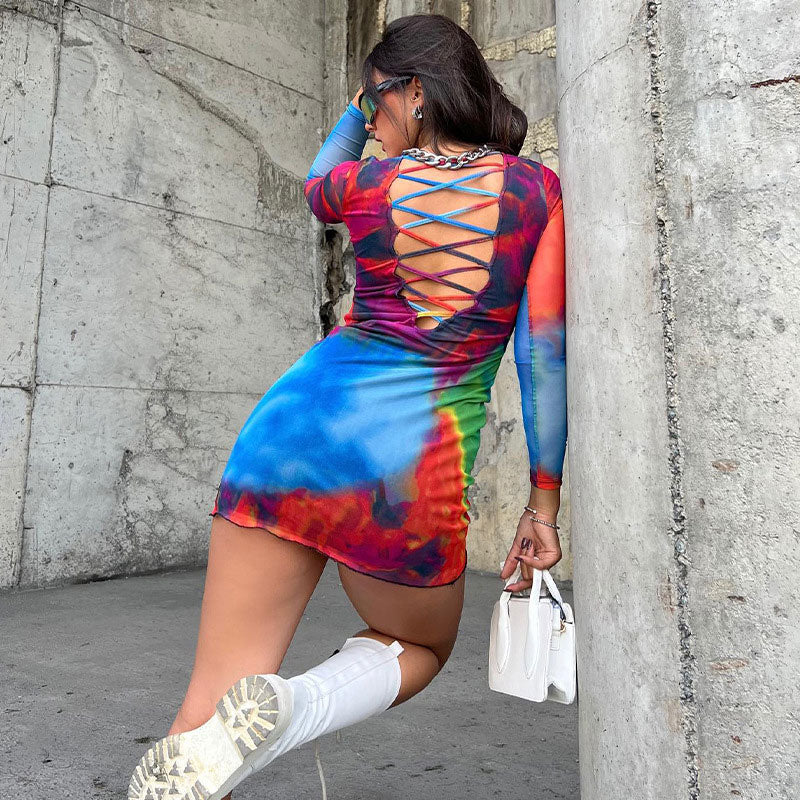 Crew Neck Long Sleeve Abstract Tie Dye Bodycon Mini Dress